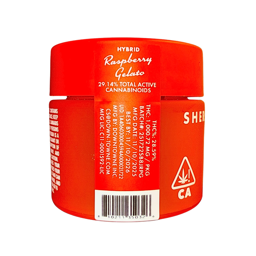 Sherbinskis Exotic Cannabis Flower, Raspberry Gelato Hybrid strain on a transparent background