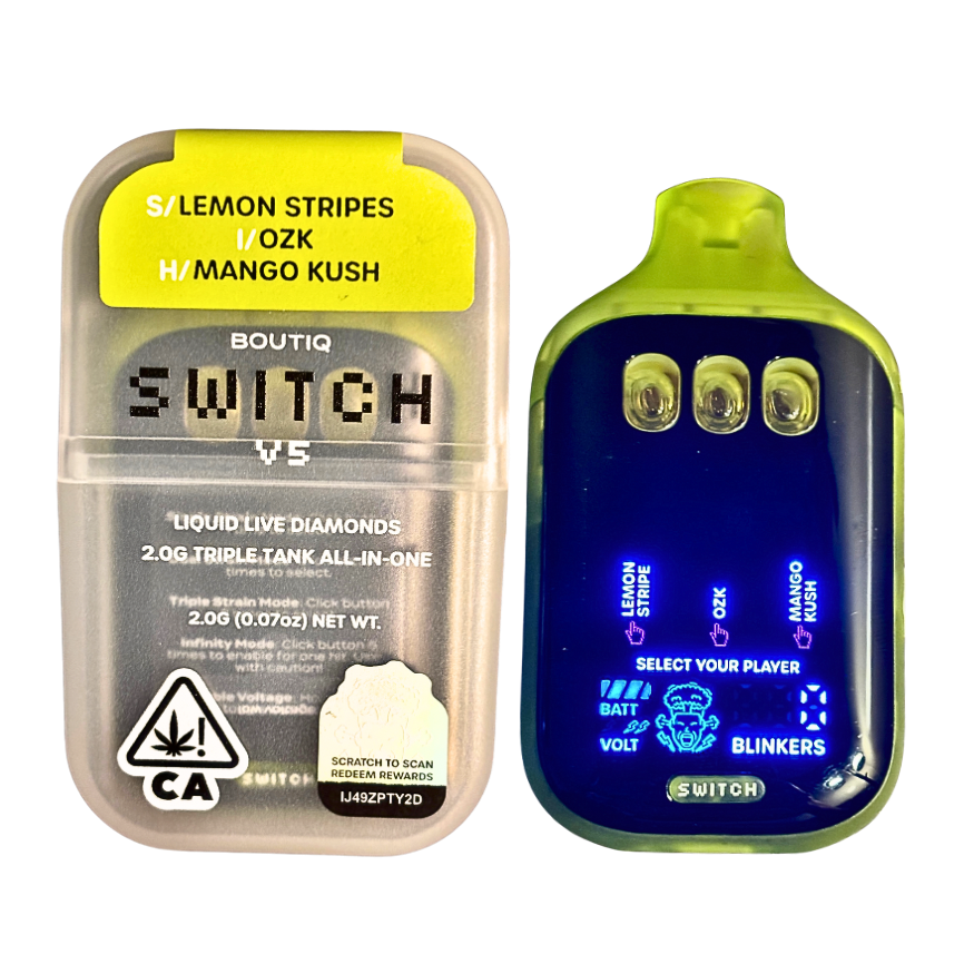 Boutiq Switch V5 3-in-1 Vape | Lemon Stripes, OZK, Mango Kush Boutiq Switch V5 3-in-1 Vape | Lemon Stripes, OZK, Mango Kush