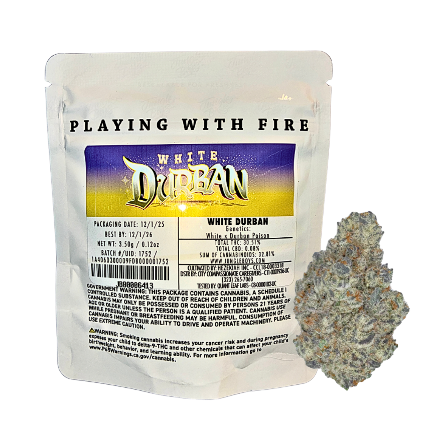 White Durban cannabis strain packaging and flower on a transparent background.