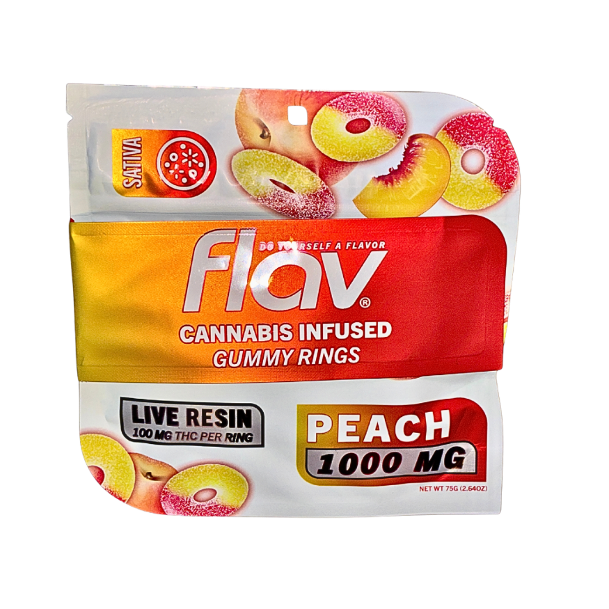 Flav cannabis infused gummy rings packaging with peach flavor on a white background