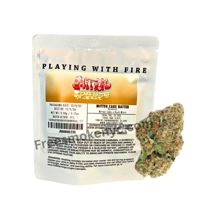 Jungle Boys Mitten Cake Batter cannabis strain packaging and flower on a transparent background.