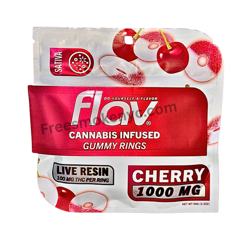 Flav Live Resin Infused Gummy Rings packaging featuring vibrant cherry design and product information.