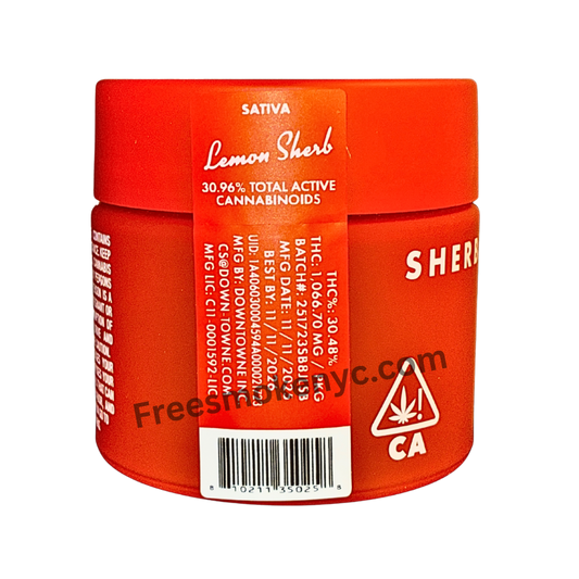 Lemon Sherb cannabis strain packaging on a transparent background.