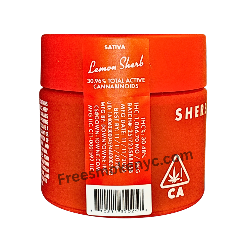 Lemon Sherb cannabis strain packaging on a transparent background.