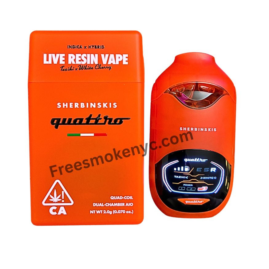 Sherbinskis Quattro 2G Live Resin Disposable featuring Taziki and White Cherry strains on transparent background.
