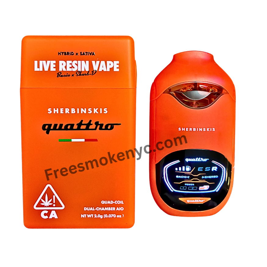 Sherbinskis Quattro 2G Live Resin Disposable featuring Bacio and Sherb D strains on transparent background.