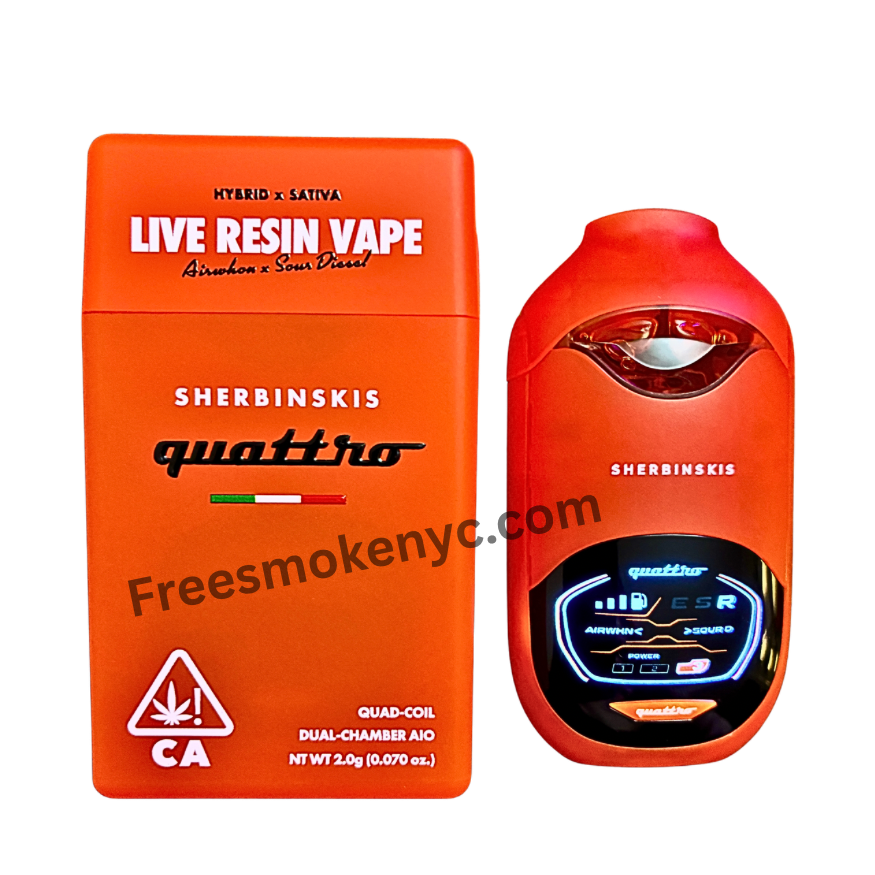 Sherbinskis Quattro 2G Live Resin Disposable featuring Airwhon and Sour Diesel strains on transparent background.