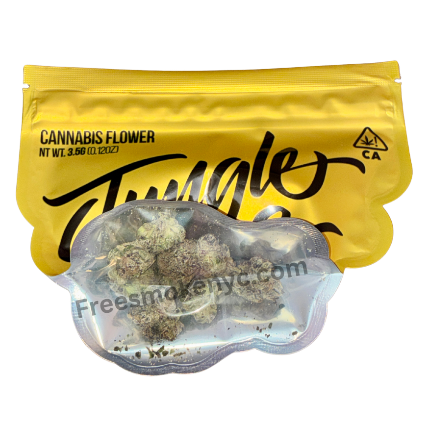 Jungle Boys Blu Zerdz hybrid cannabis flower in gold packaging on a transparent background