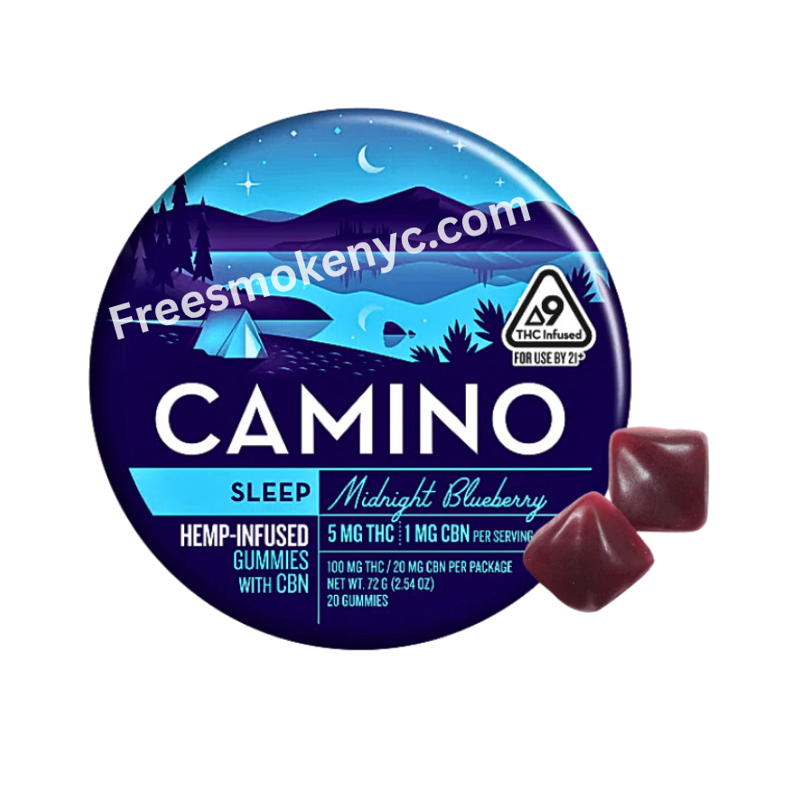 Camino THC infused gummies Midnight Blueberry; indica strain product and packaging on a transparent background