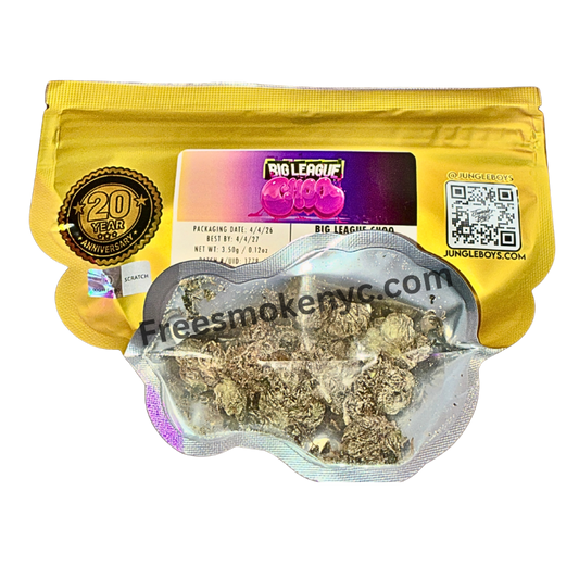 Jungle Boys Big League Choo hybrid strain product packaging and cannabis flower on transparent background