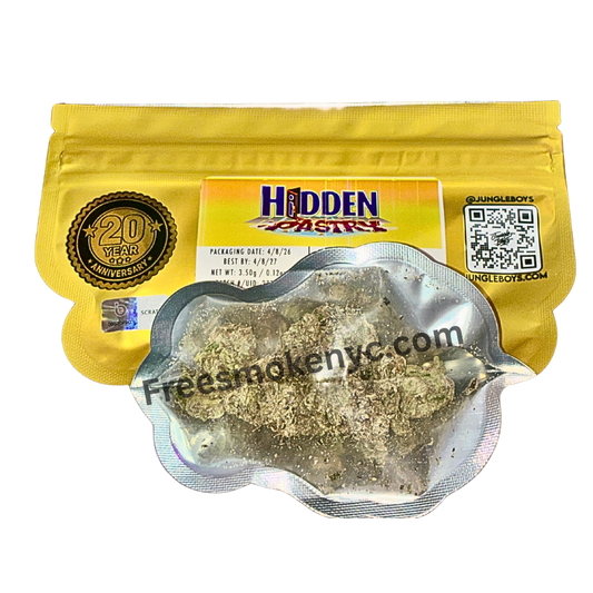 Jungle Boys hybrid strain Hidden Pastry product packaging and cannabis flower on a transparent background