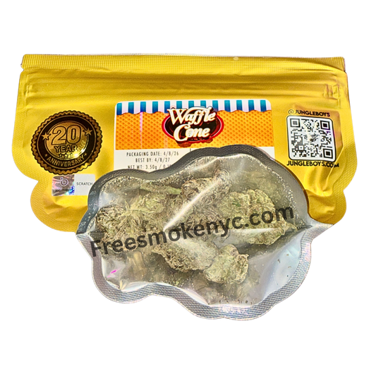 Jungle Boys hybrid strain Waffle Cone product packaging and cannabis flower on a transparent background