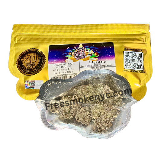 Jungle Boys hybrid strain L.A GELATO product packaging and cannabis flower on a transparent background