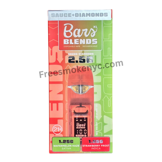 BARS Blends Watermelon Haze and Strawberry Frost 2.5g 2 in 1 Disposable Vape packaging on a transparent background