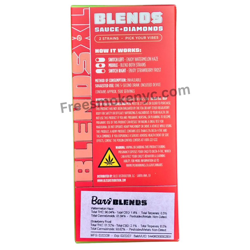 BARS Blends Watermelon Haze and Strawberry Frost 2.5g 2 in 1 Disposable Vape packaging on a transparent background