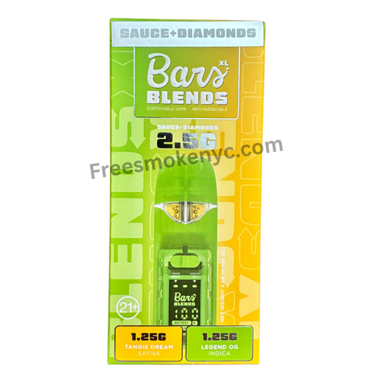 BARS Blends Tangie Dream and Legend OG 2.5g 2 in 1 Disposable Vape packaging on a transparent background
