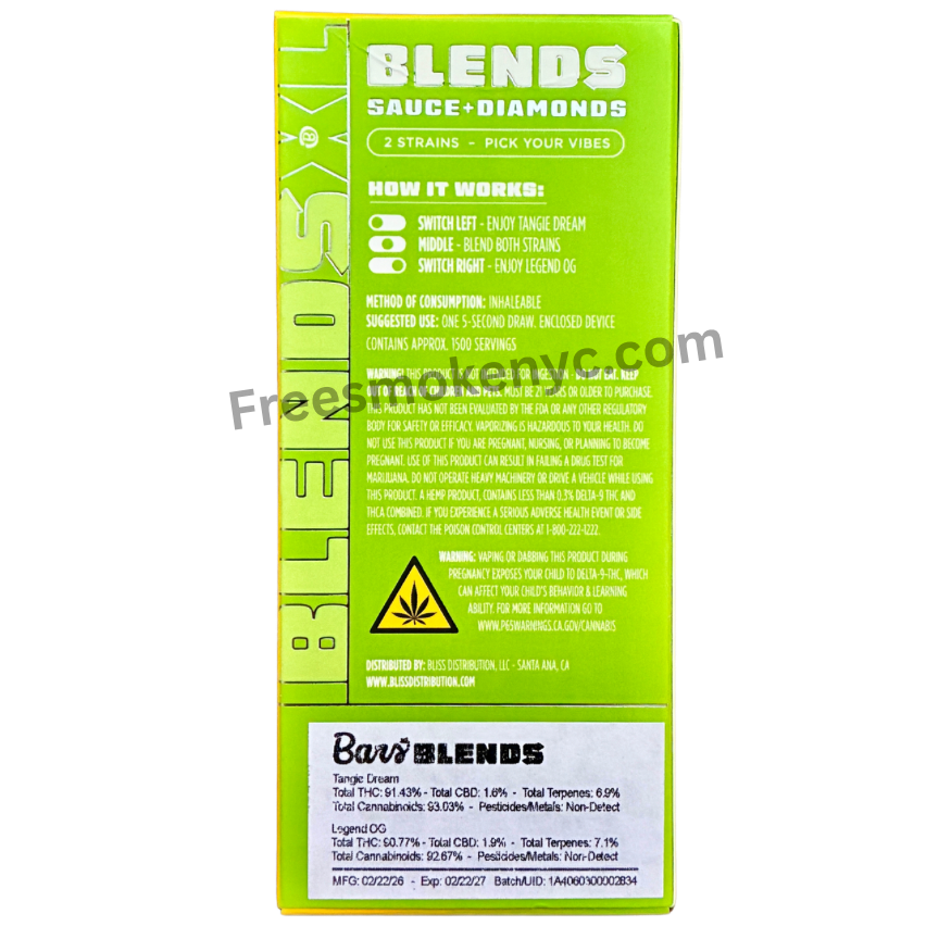 BARS Blends Tangie Dream and Legend OG 2.5g 2 in 1 Disposable Vape packaging and info on a transparent background
