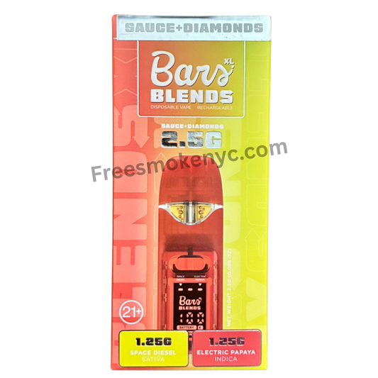 BARS Blends Space Diesel and Electric Papaya 2.5g 2 in 1 Disposable Vape packaging on a transparent background