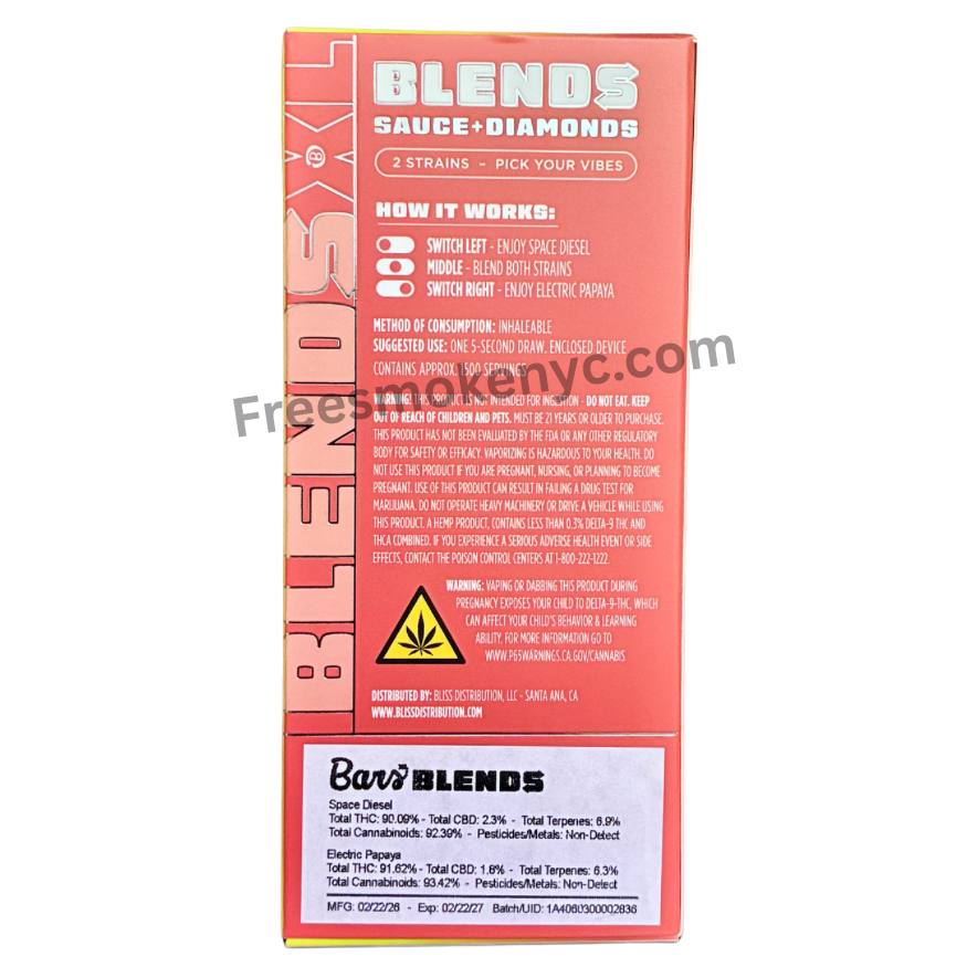 BARS Blends Space Diesel and Electric Papaya 2.5g 2 in 1 Disposable Vape packaging and info on a transparent background