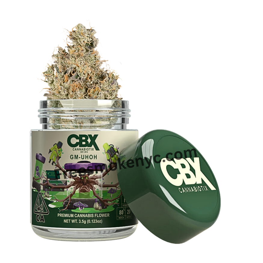 CBX GM-UHOH hybrid cannabis flower and packaging on a transparent background