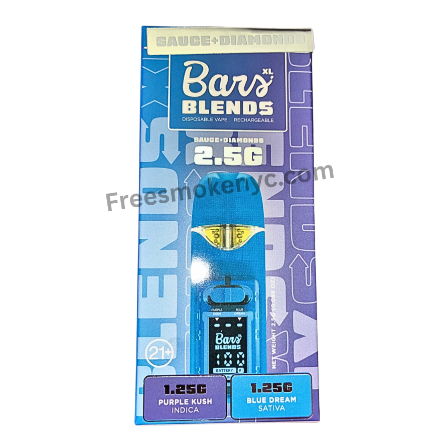 Bars Blends 2.5g Disposable Purple Kush and Blue Dream product packaging on transparent background