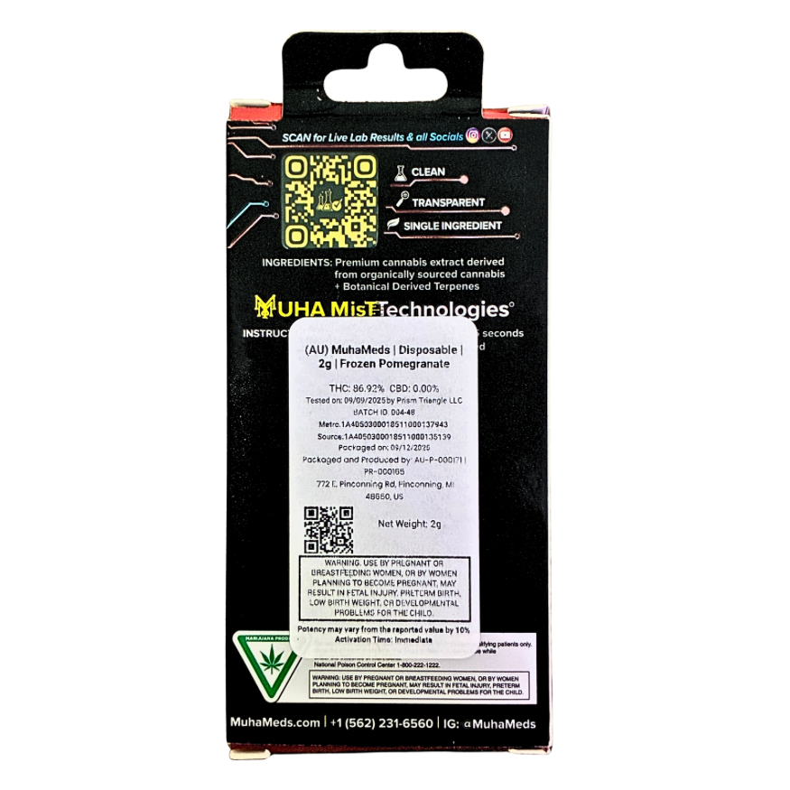 MUHA MEDS “FROZEN POMEGRANATE” 2G DISPOSABLE; HYBRID STRAIN