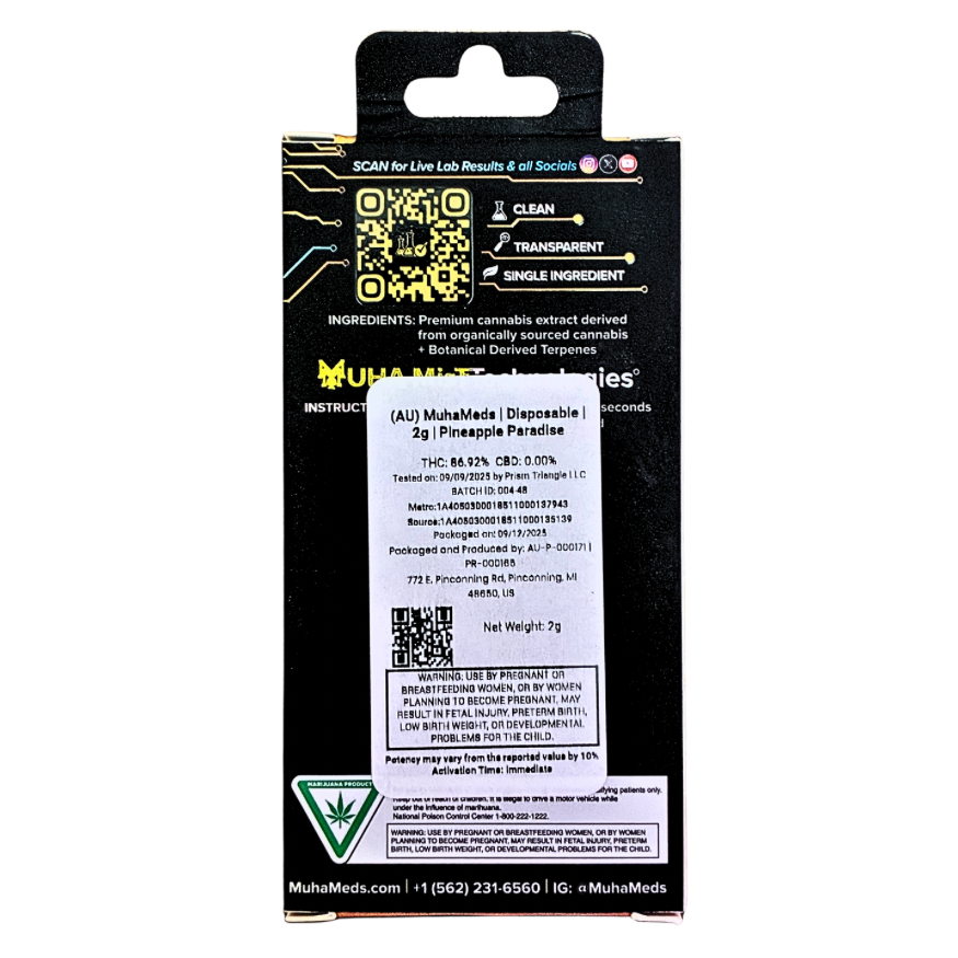 MUHA MEDS “PINEAPPLE PARADISE” 2G DISPOSABLE; HYBRID STRAIN