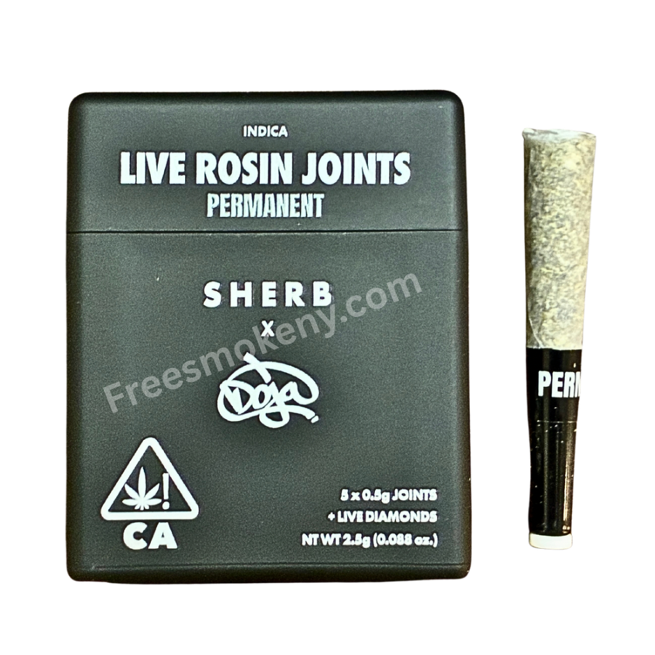 Sherbinski x Doja Permanent infused pre-roll and packaging on a transparent background