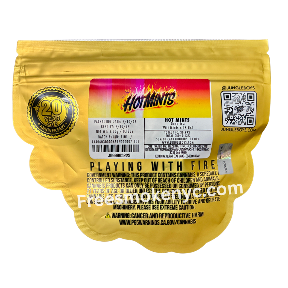Jungle Boys hybrid strain Hot Mints packaging on a transparent background 