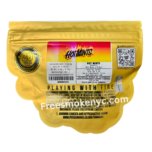 Jungle Boys hybrid strain Hot Mints packaging on a transparent background 