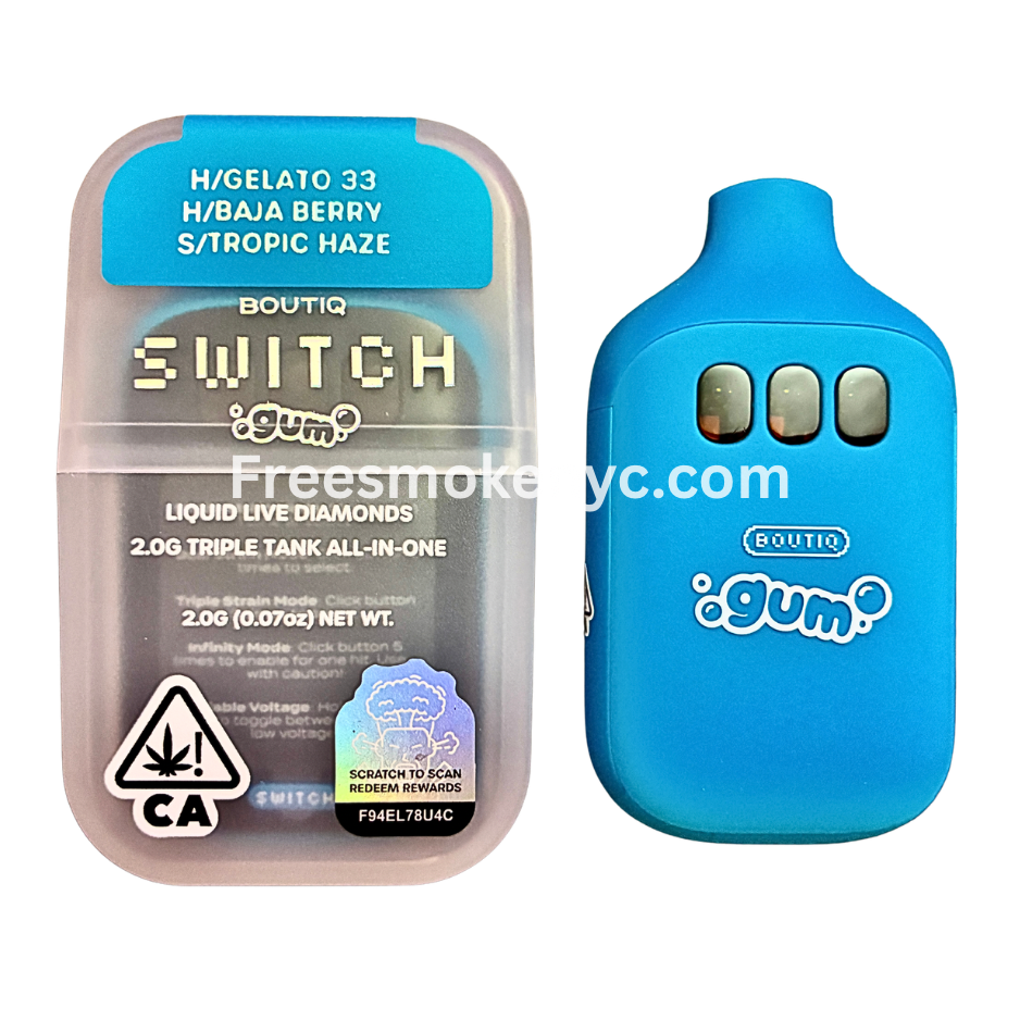 Boutiq Switch Gum Edition 3 strains in 1 Gelato 33, Baja Berry, Tropic Haze disposable vape device on transparent background 