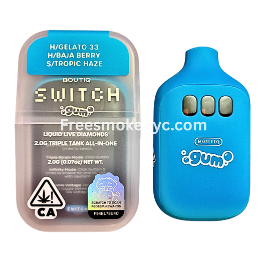 Boutiq Switch Gum Edition 3 strains in 1 Gelato 33, Baja Berry, Tropic Haze disposable vape device on transparent background 