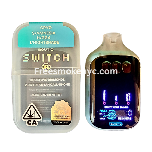 BOUTIQ SWITCH three in one 2g liquid live diamonds vape device shown next to its original packaging on a transparent background 