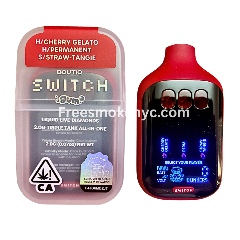 Boutiq Switch Gum Edition 3 strains in 1 Cherry Gelato, Permanent, Straw-Tangie disposable vape device on transparent background 