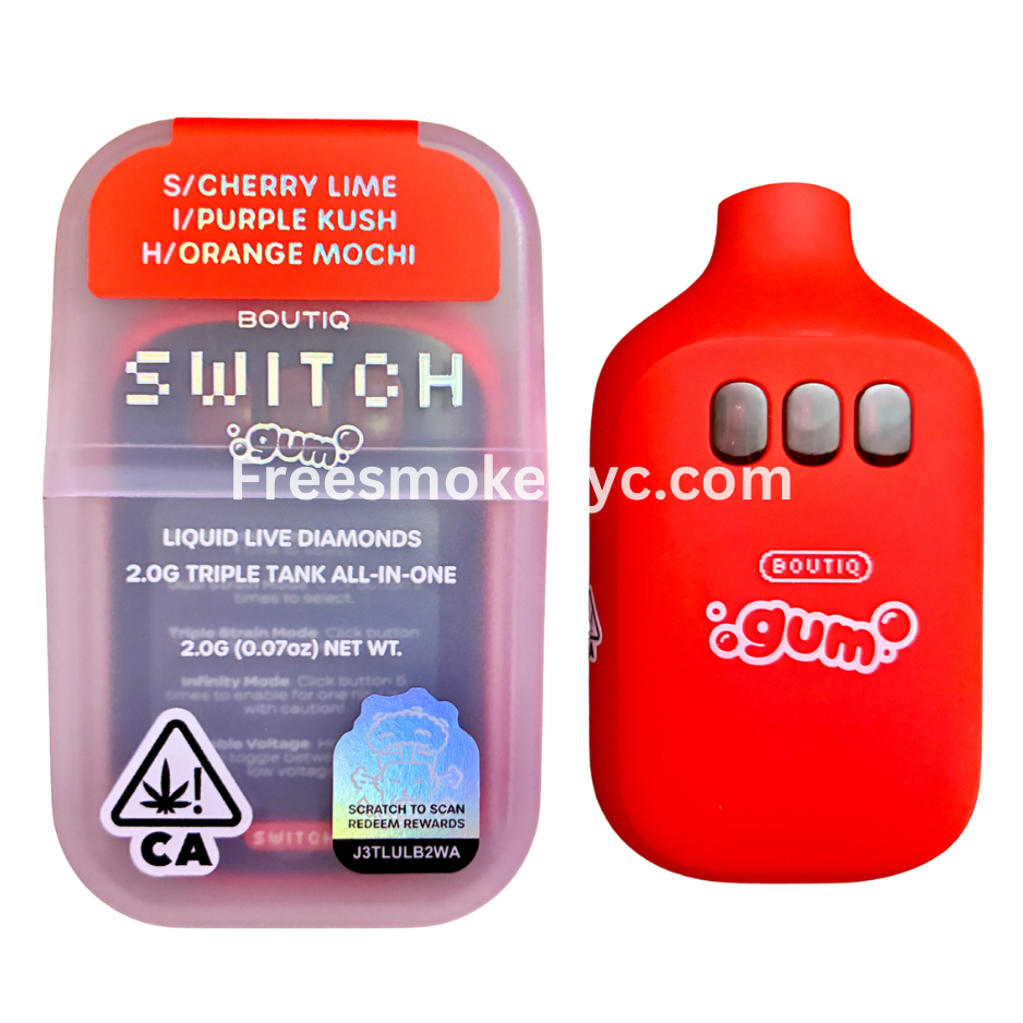 Experience the Boutiq Switch Gum Edition 2g triple tank vape. Featuring Cherry Lime, Purple Kush, and Orange Mochi live diamonds at 93.45% THC.