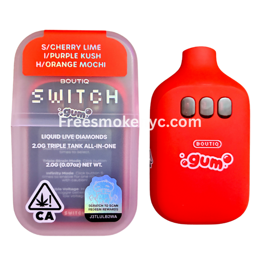 Experience the Boutiq Switch Gum Edition 2g triple tank vape. Featuring Cherry Lime, Purple Kush, and Orange Mochi live diamonds at 93.45% THC.