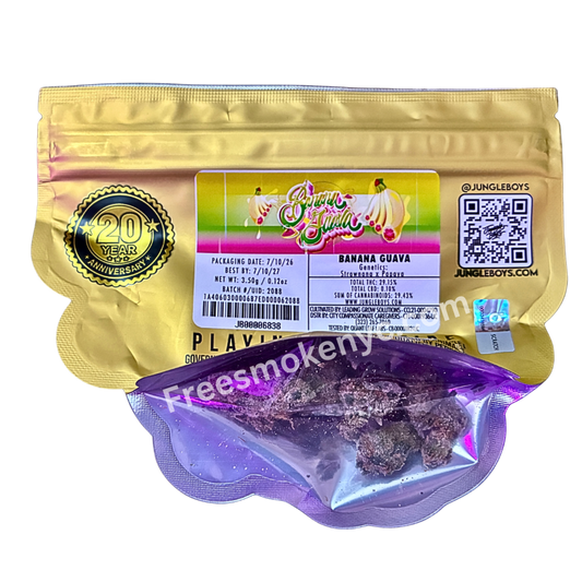 Jungle Boys Banana Guava hybrid cannabis bud and packaging on a transparent background 