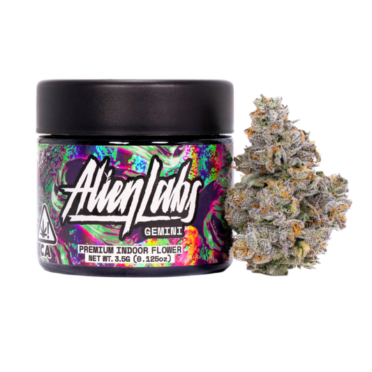 Dense Gemini cannabis buds and packaging on a transparent background.