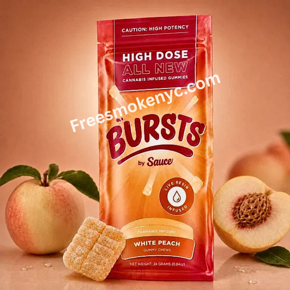 Bursts by Sauce White Peach Live Resin Infused Gummy and packaging on a colorful background 