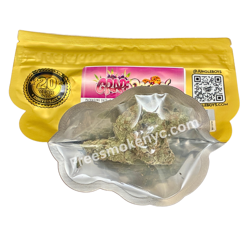 Jungle Boys Grape Do Si Dos packaging and cannabis flower on a transparent background 