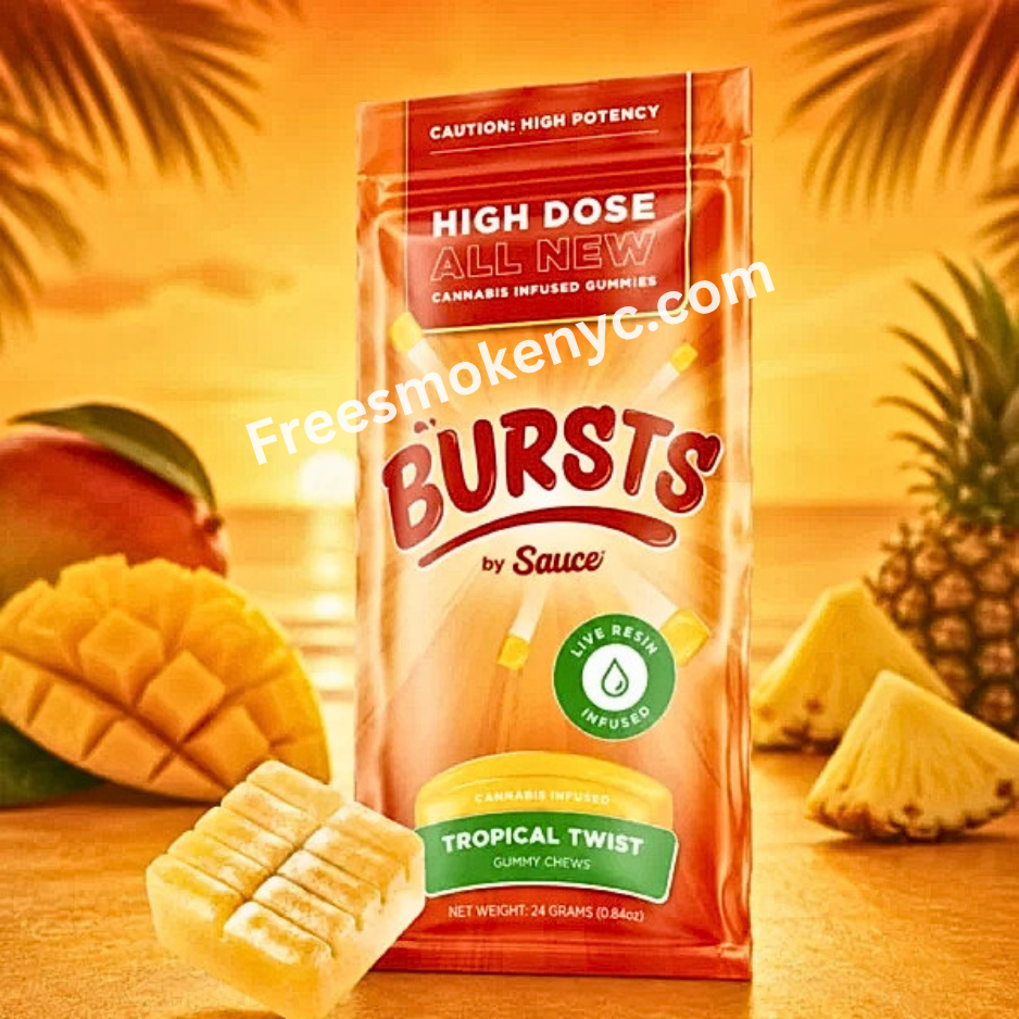 Bursts by Sauce Tropical Twist Live Resin Infused Gummy and packaging on a colorful background 