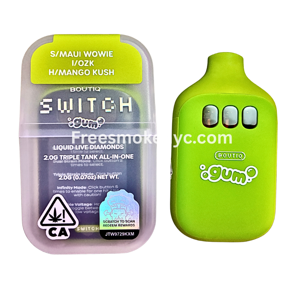 Boutiq Switch Gum Edition 3 strains in 1 disposable vape on transparent background 