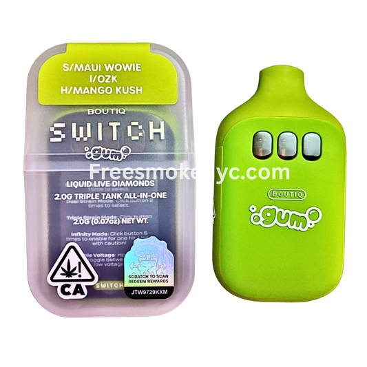 Boutiq Switch Gum Edition 3 strains in 1 disposable vape on transparent background 