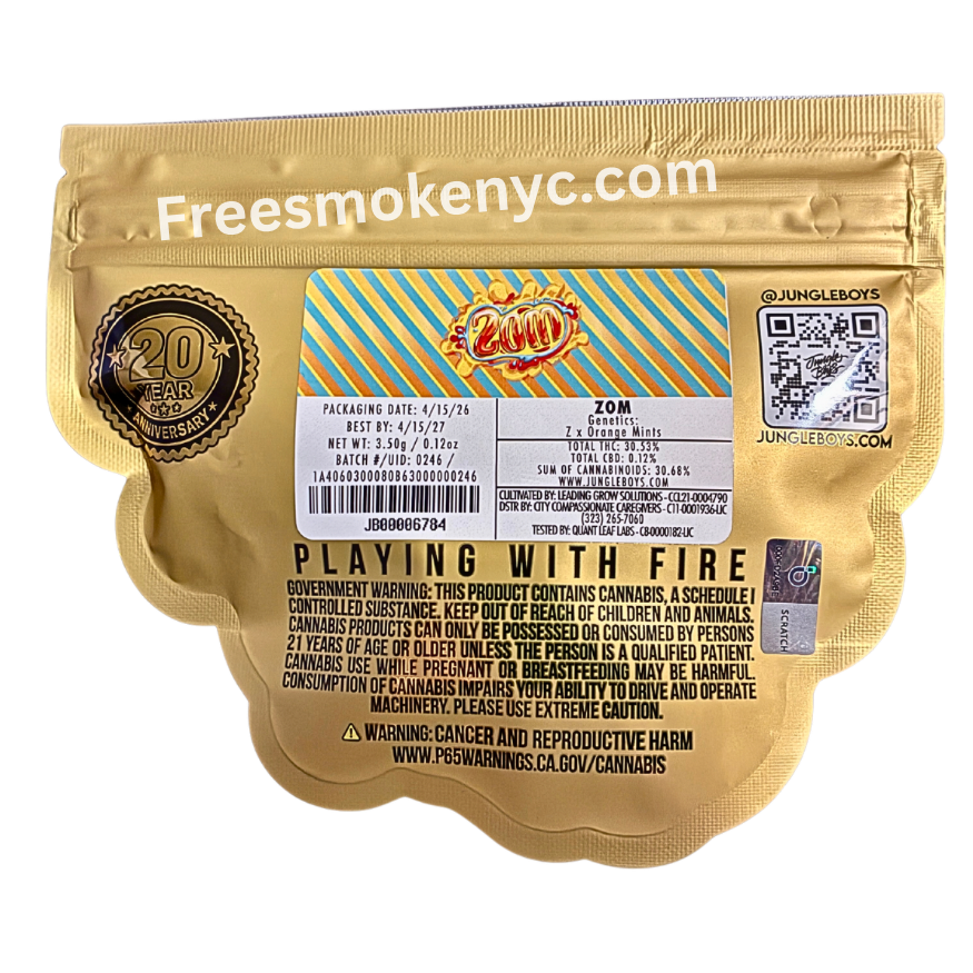 Jungle Boys hybrid strain Zom product packaging and information on a transparent background