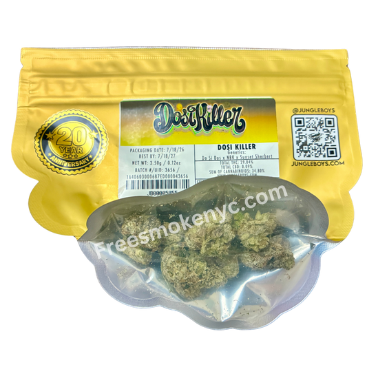 Jungle Boys hybrid strain Dosi Killer Cannabis Buds and packaging on a transparent background 