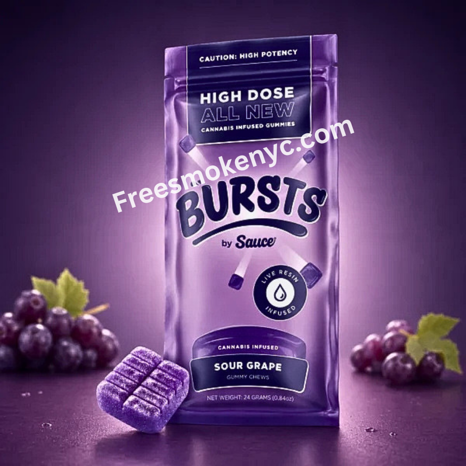 Bursts by Sauce Sour Grape Live Resin Infused Gummy and packaging on a colorful background 