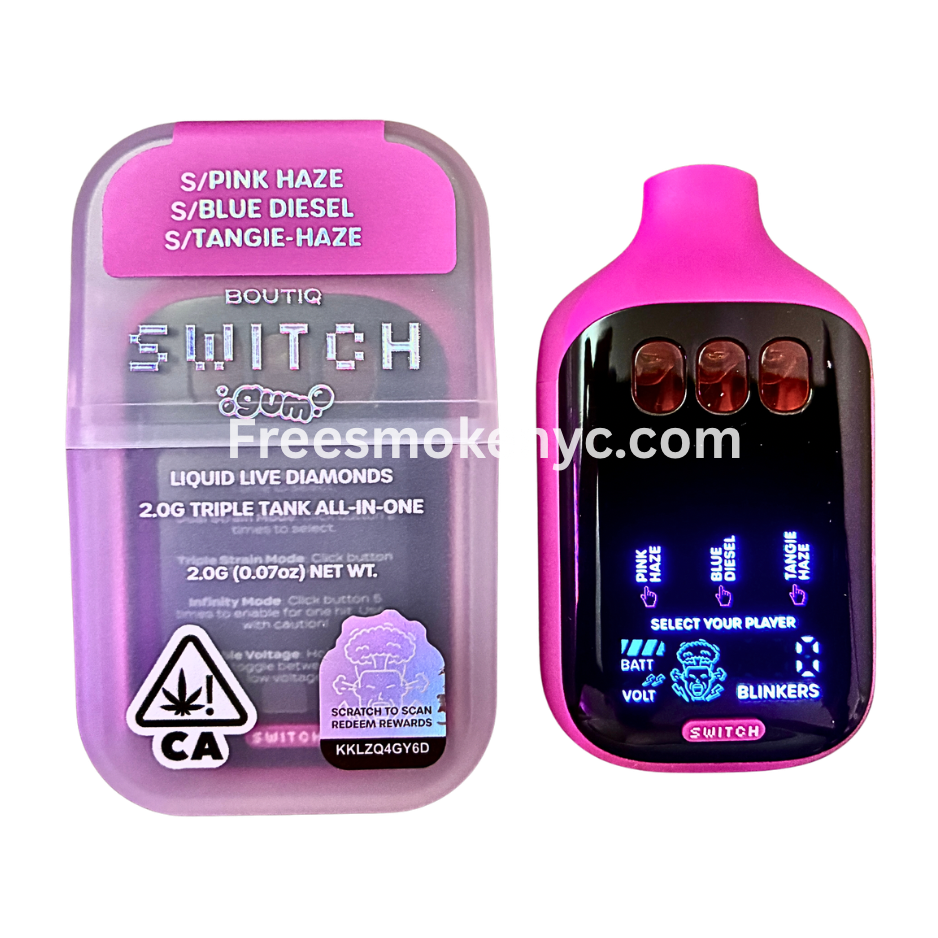 Boutiq Switch Gum Edition 3 strains in 1 Pink Haze, Blue Diesel, Tamgie-Haze disposable vape device on transparent background 