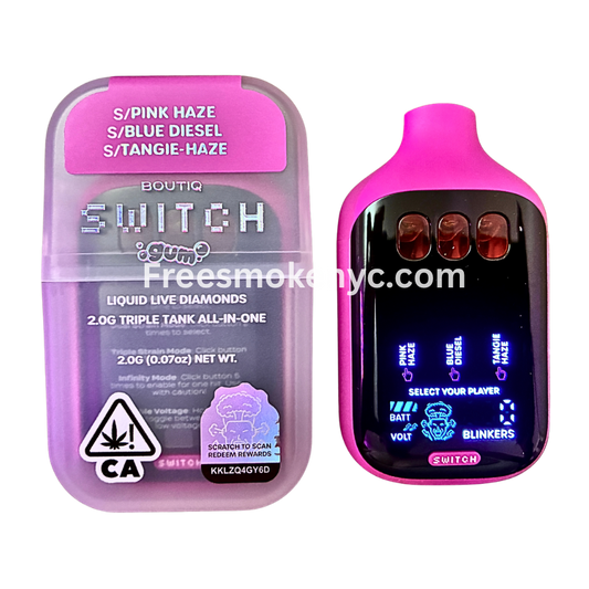 Boutiq Switch Gum Edition 3 strains in 1 Pink Haze, Blue Diesel, Tamgie-Haze disposable vape device on transparent background 