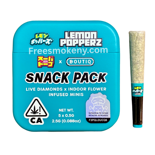 Super Dope x Boutiq Lemon Popperz infused pre-roll and packaging on a transparent background