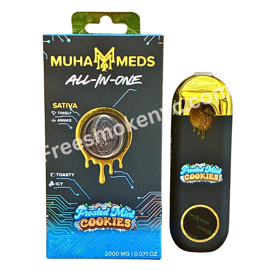 Muha Meds Frosted Mint Cookies sativa 2g Disposable Vape Pen and packaging on a transparent background 